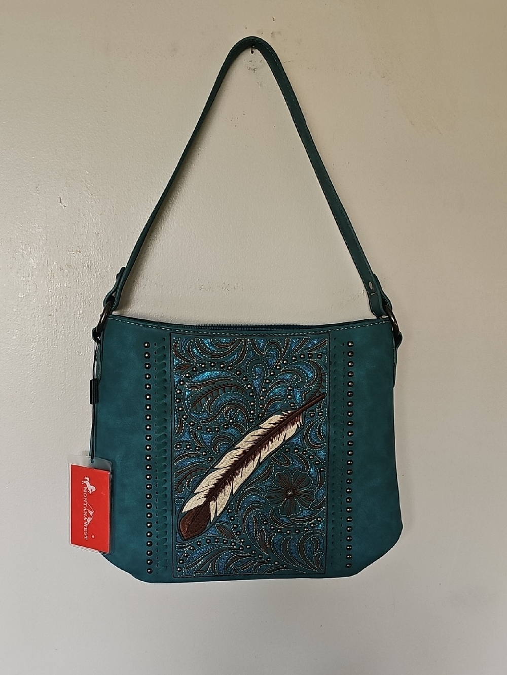 MONTANA WEST. NEW . Teal Feather Embroidered Shoulder Bag.